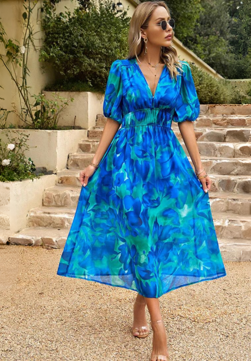Women’s Floral Midi Dress with Puff Sleeves and V Neckline