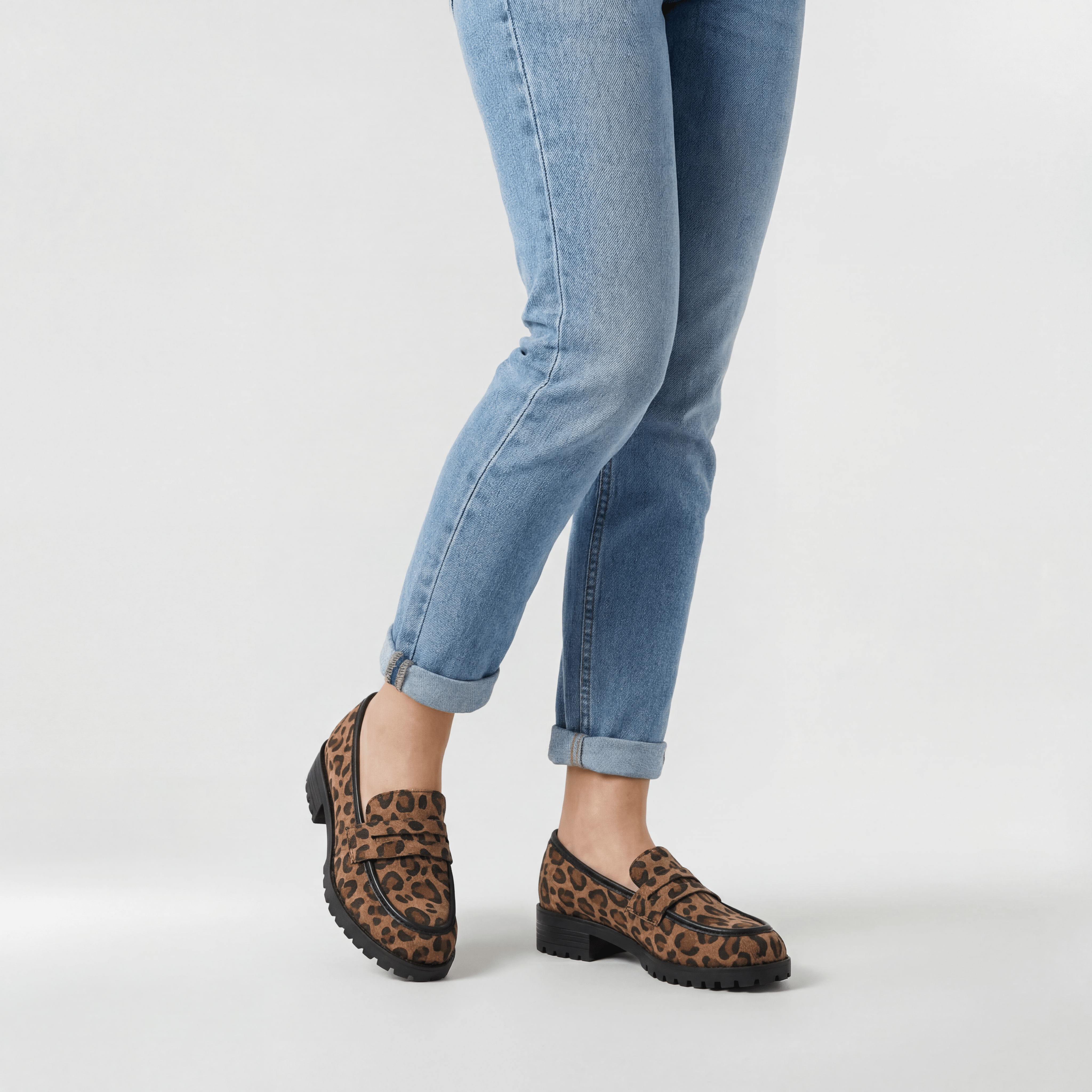 Women's Penny Loafers Leopard Print Lug Sole Low Block Heel