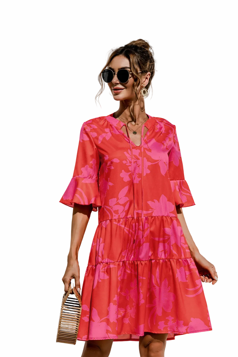 Women’s Short Sleeve Tiered Dress with V-Neck and Drop Waist