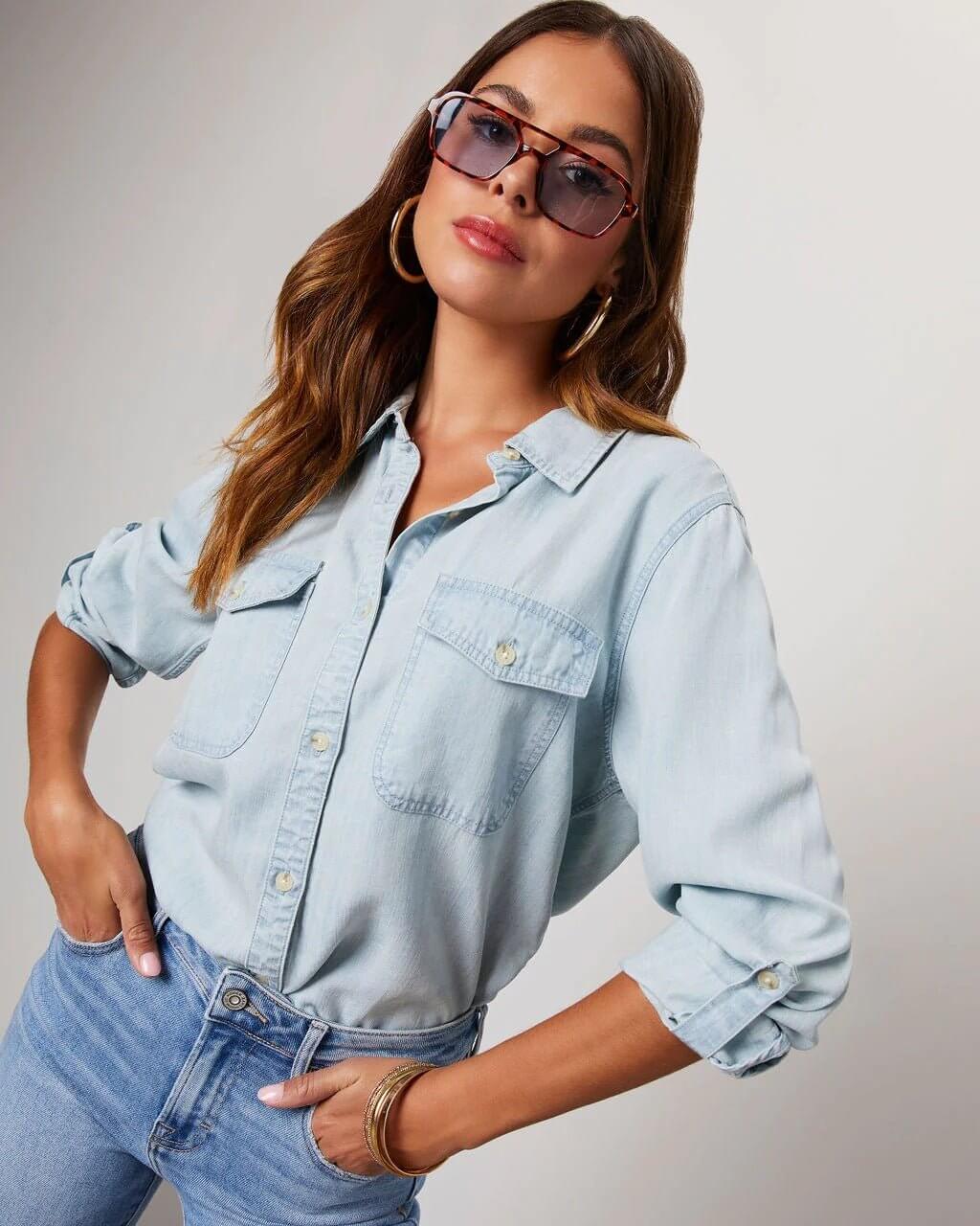 Women’s Button-Front Long Sleeve Denim Shirt with Collar and Chest Pockets