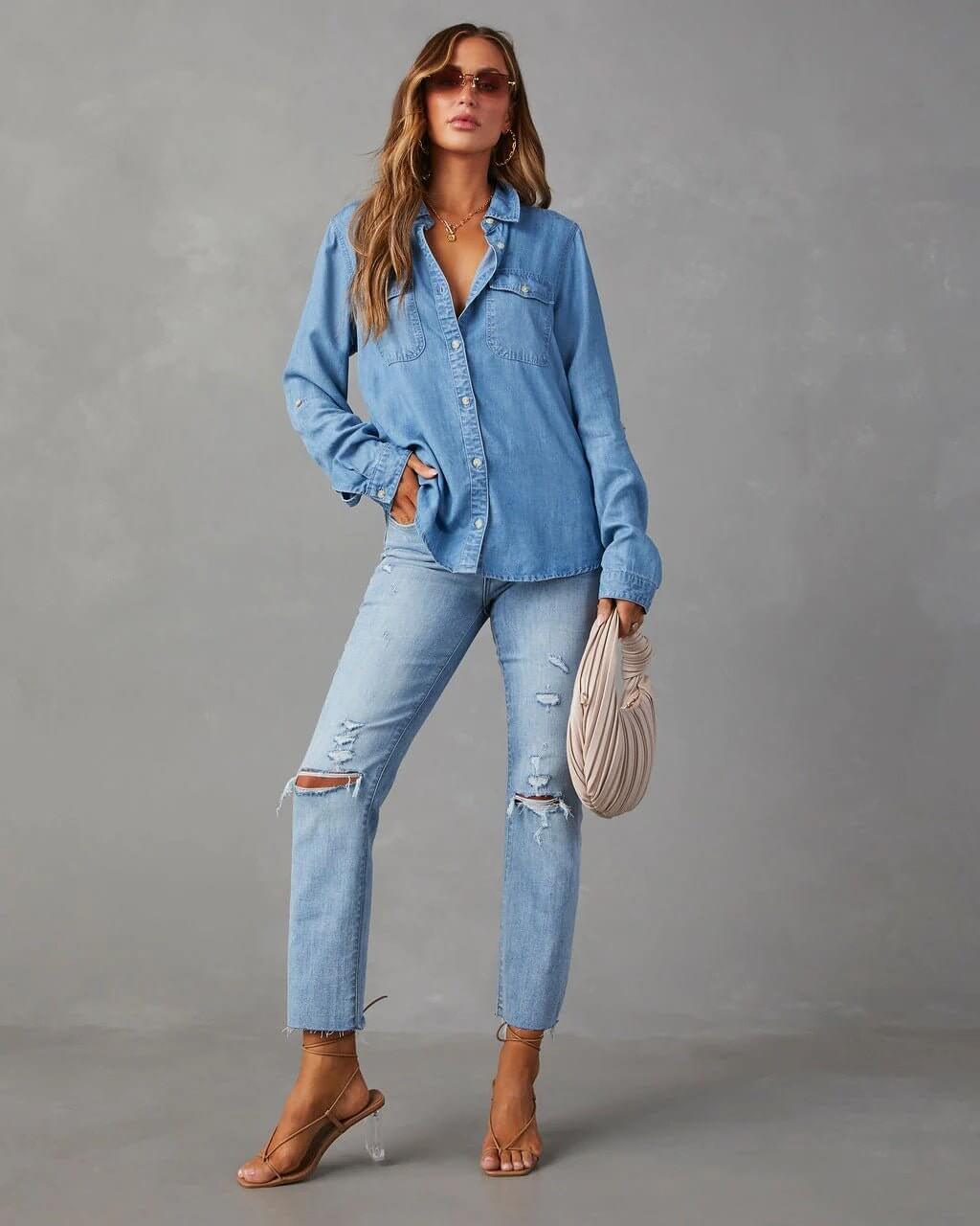 Women’s Button-Front Long Sleeve Denim Shirt with Collar and Chest Pockets