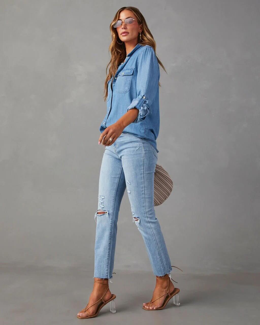 Women’s Button-Front Long Sleeve Denim Shirt with Collar and Chest Pockets