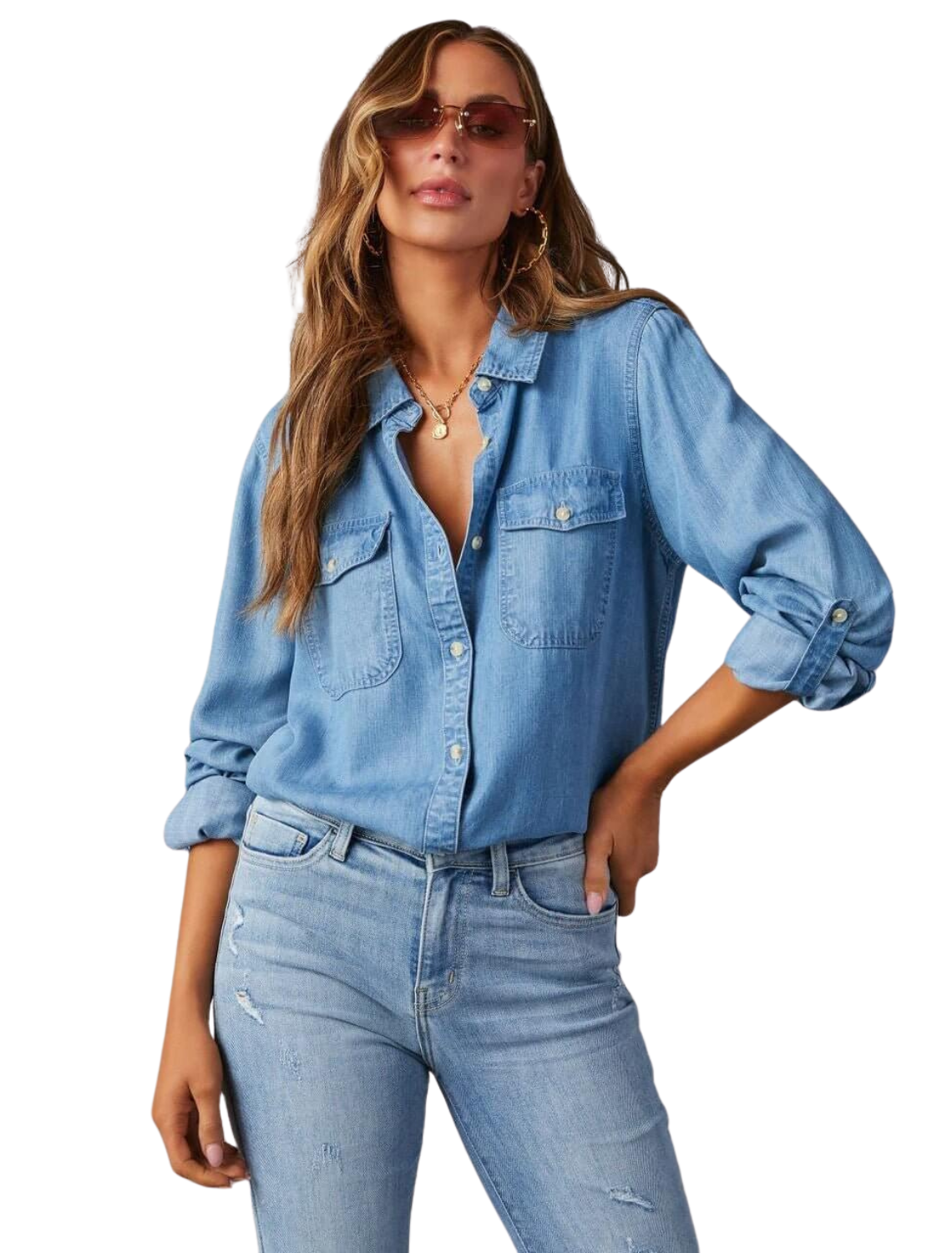 Women’s Button-Front Long Sleeve Denim Shirt with Collar and Chest Pockets