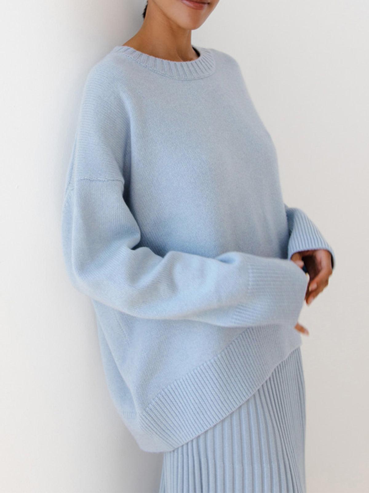 Women’s Crew Neck Knit Sweater with Dropped Shoulders and Ribbed Trim