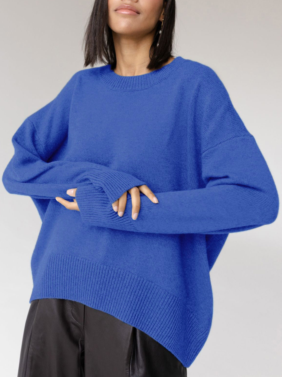 Women’s Crew Neck Knit Sweater with Dropped Shoulders and Ribbed Trim