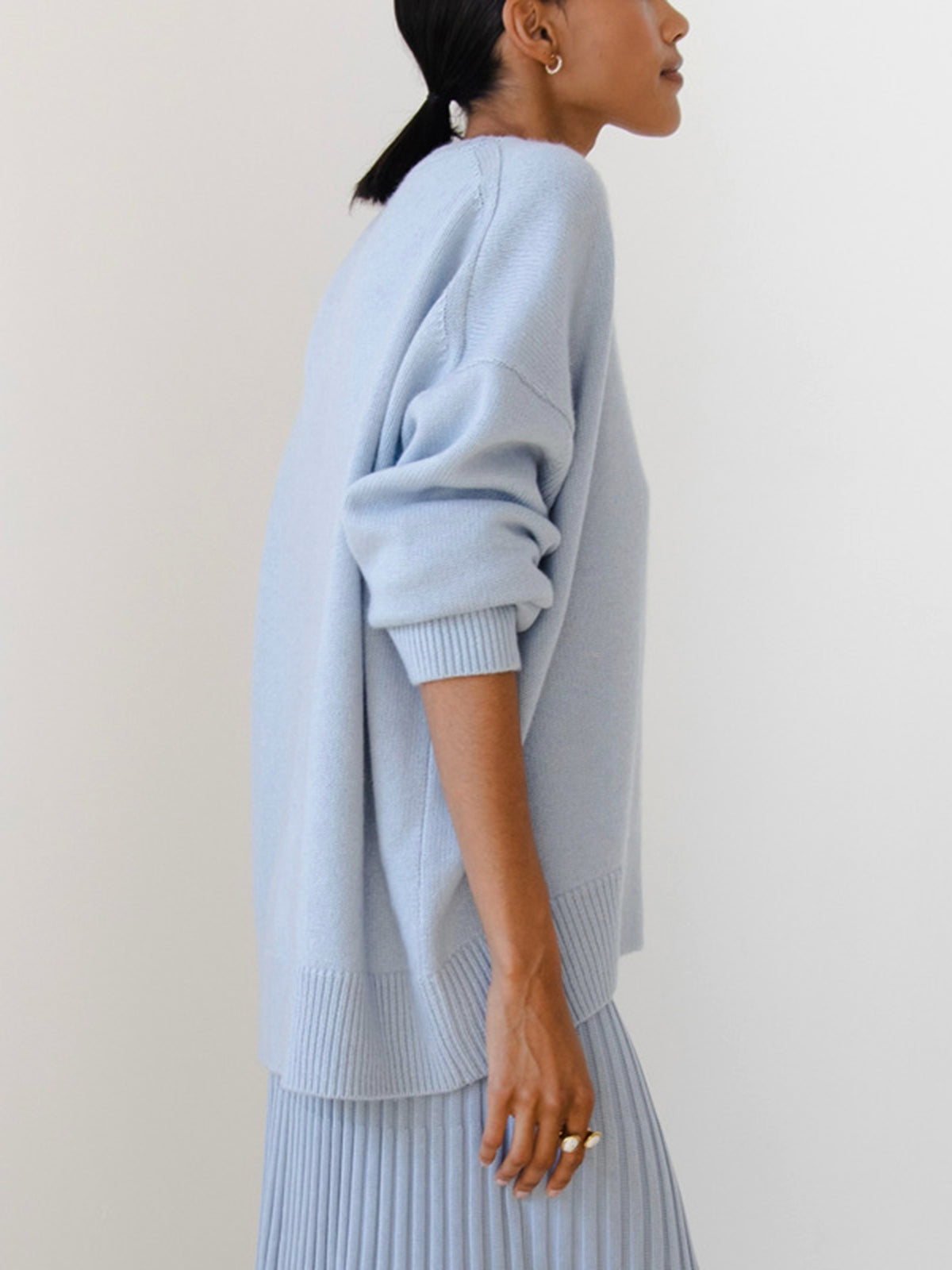 Women’s Crew Neck Knit Sweater with Dropped Shoulders and Ribbed Trim