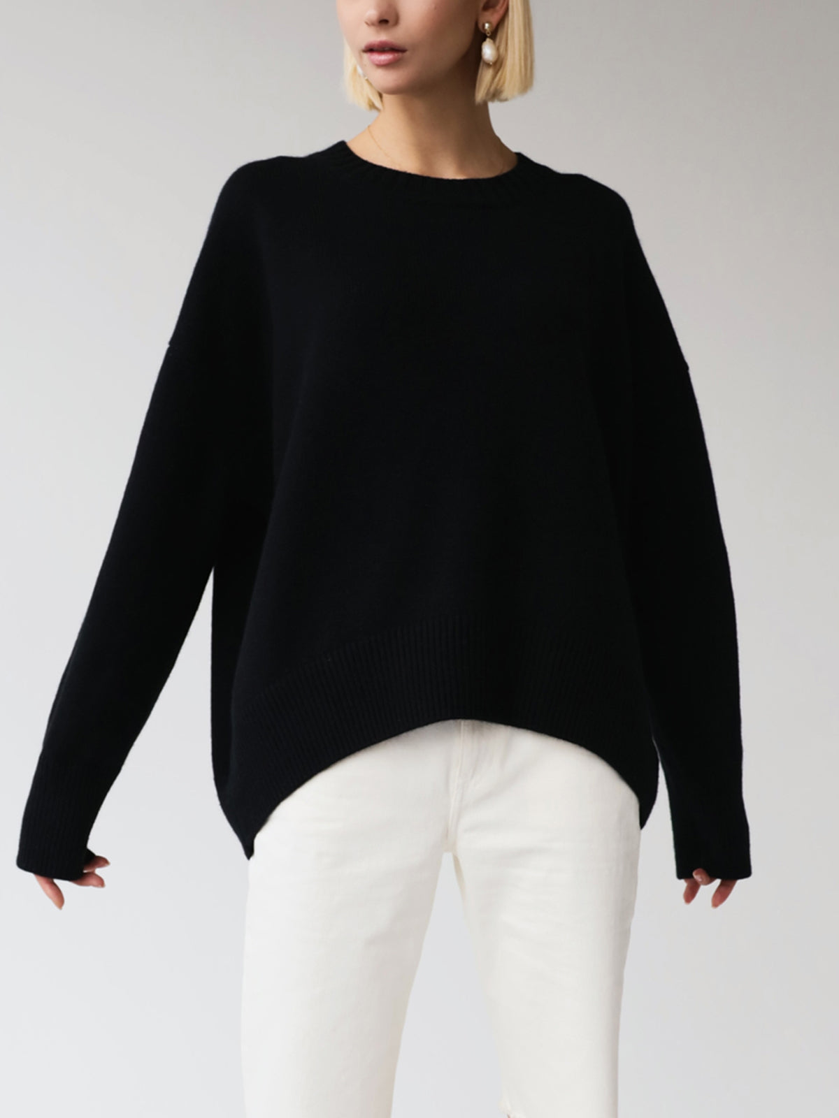Women’s Crew Neck Knit Sweater with Dropped Shoulders and Ribbed Trim