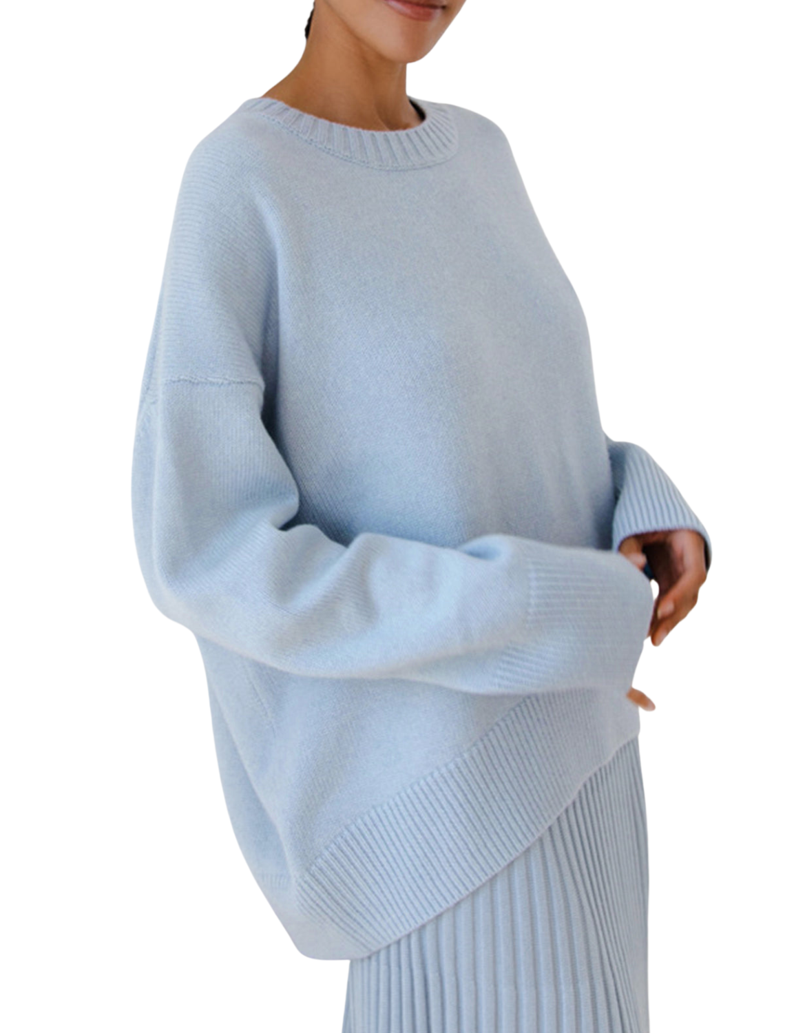 Women’s Crew Neck Knit Sweater with Dropped Shoulders and Ribbed Trim