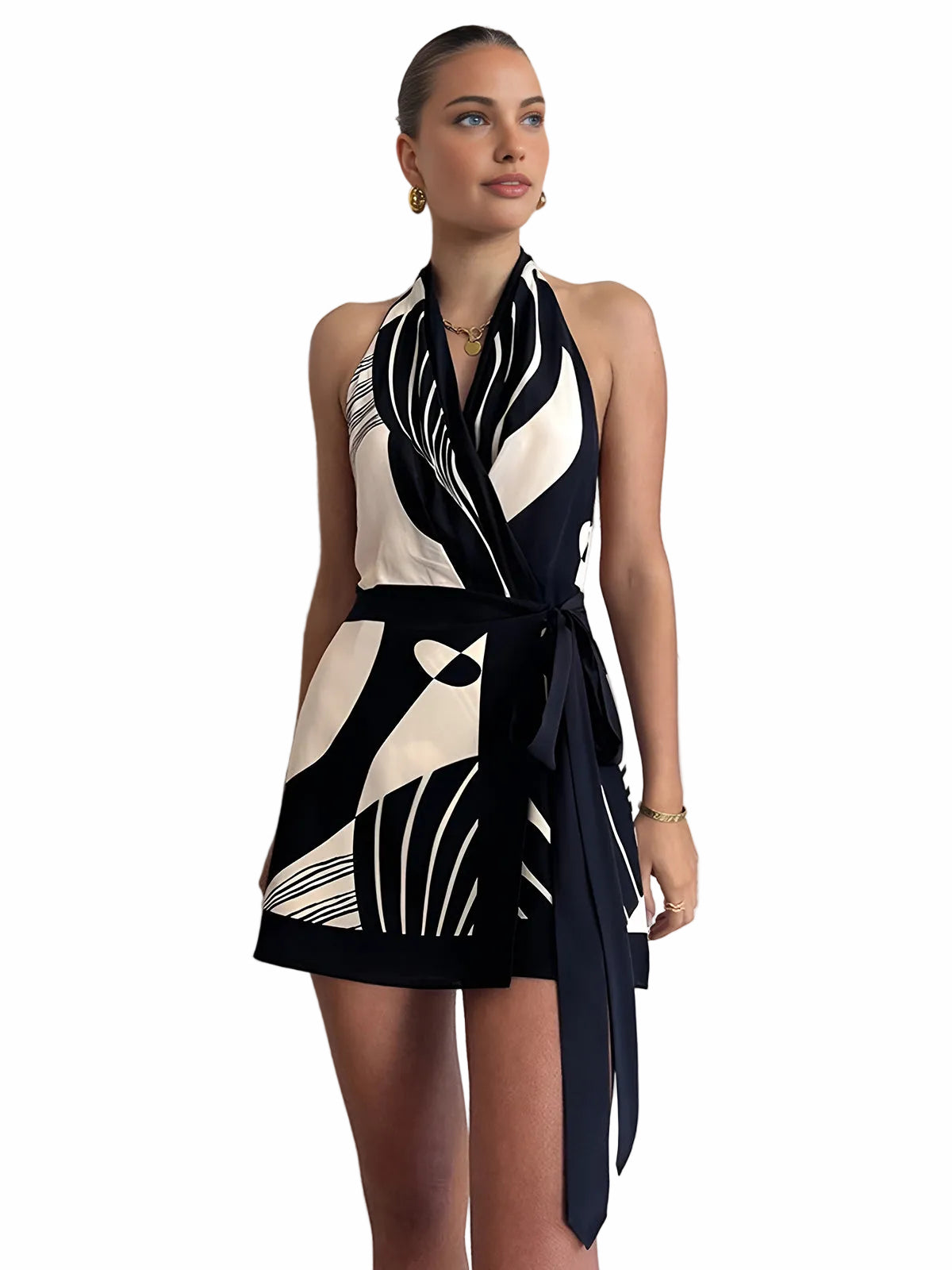 Women’s Halter Neck Wrap Mini Dress with Abstract Pattern