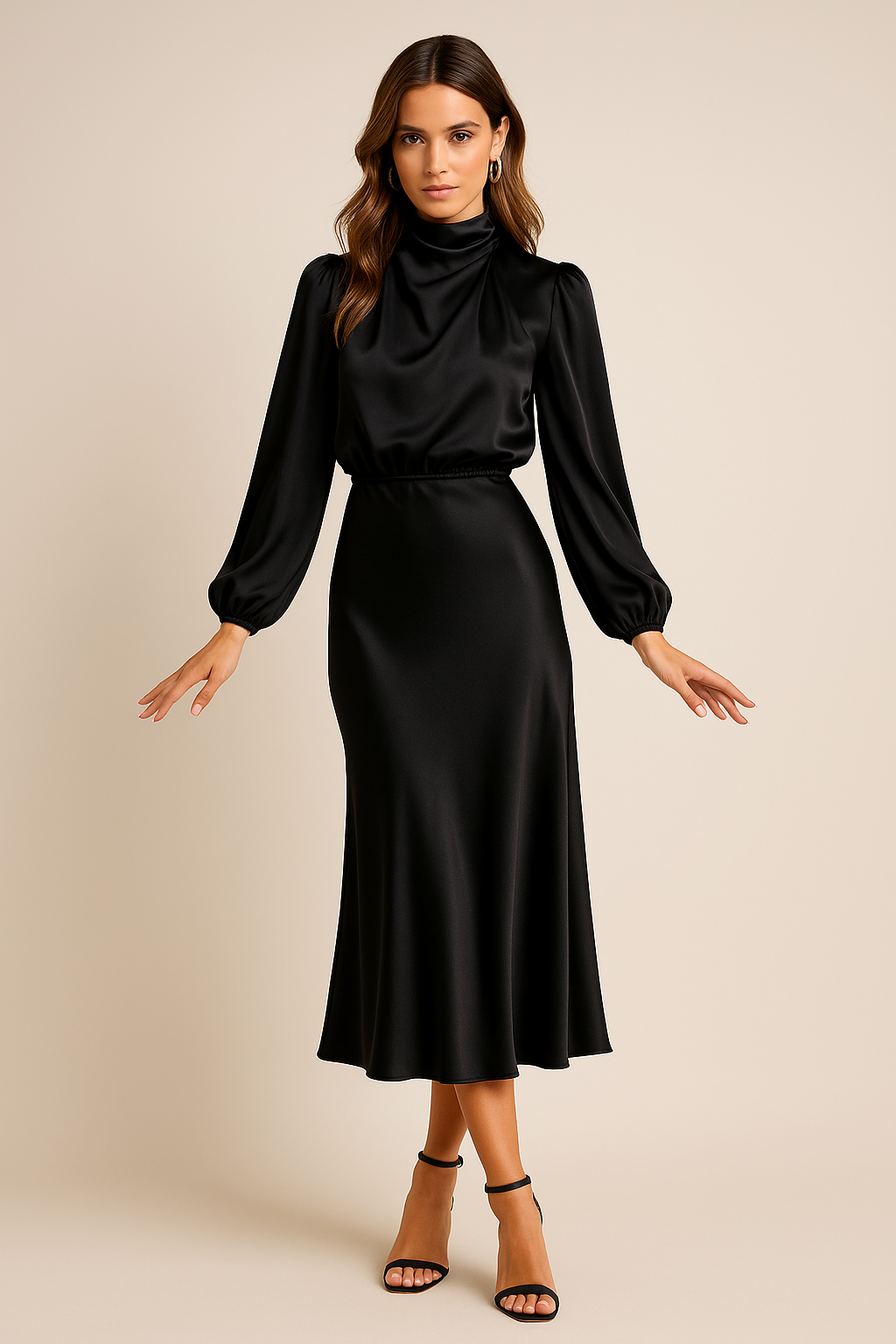 Women’s High Waist Midi Dress with Long Sleeves and Elevated Neckline