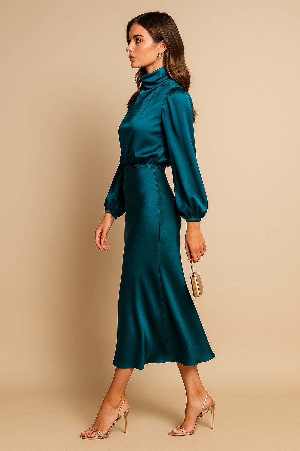 Women’s High Waist Midi Dress with Long Sleeves and Elevated Neckline