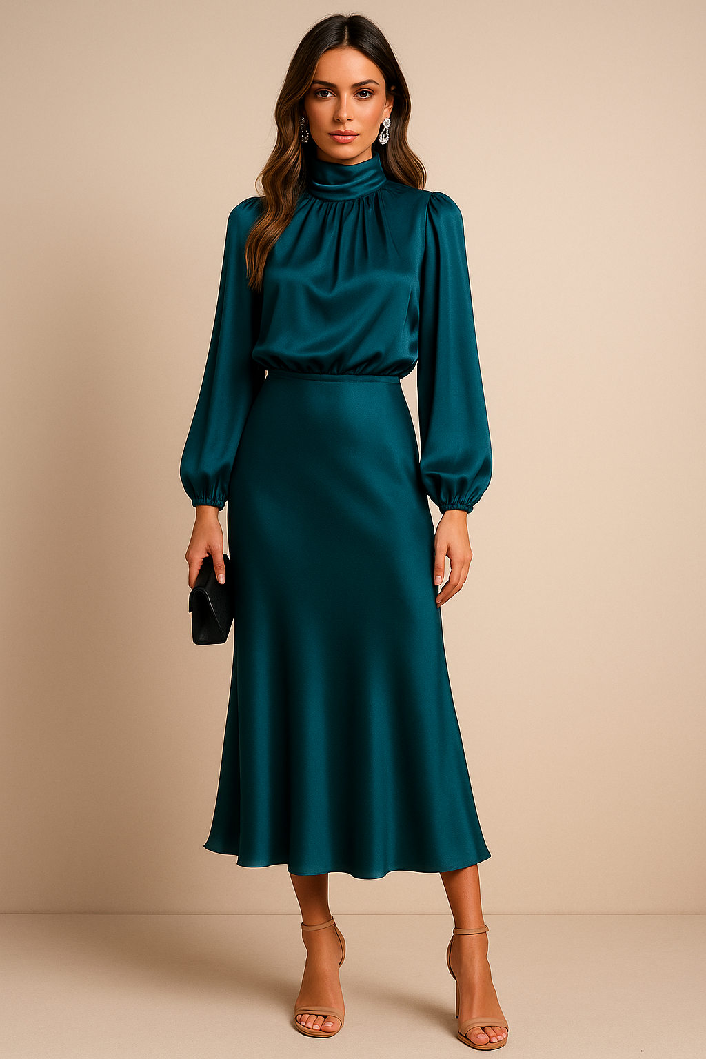 Women’s High Waist Midi Dress with Long Sleeves and Elevated Neckline