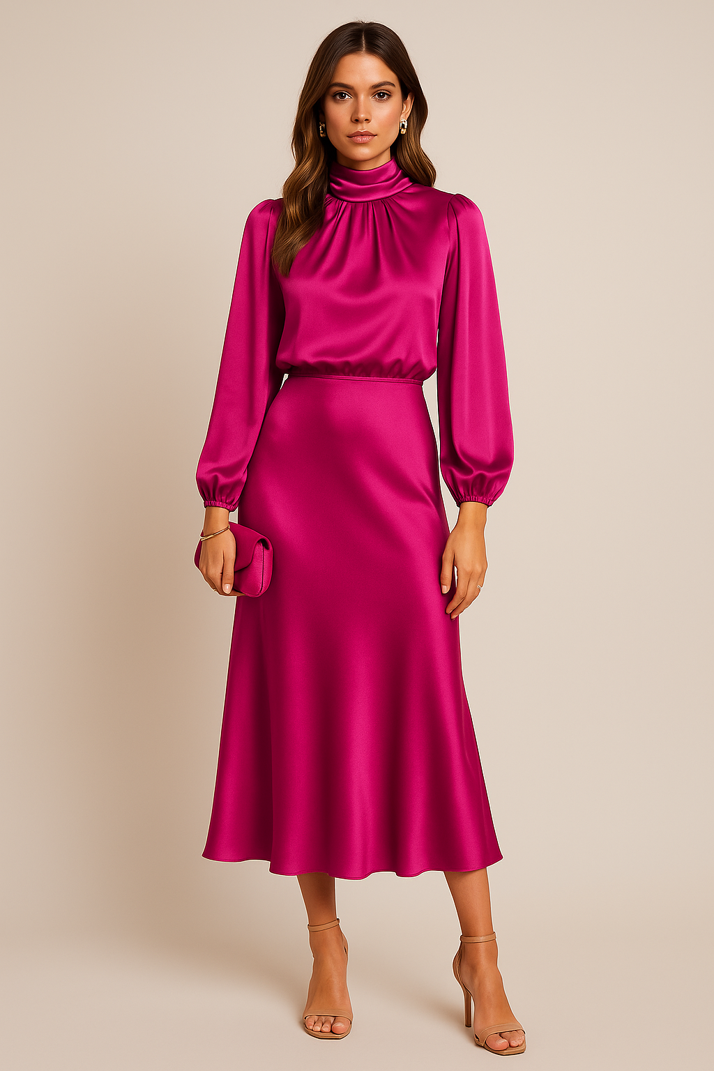 Women’s High Waist Midi Dress with Long Sleeves and Elevated Neckline