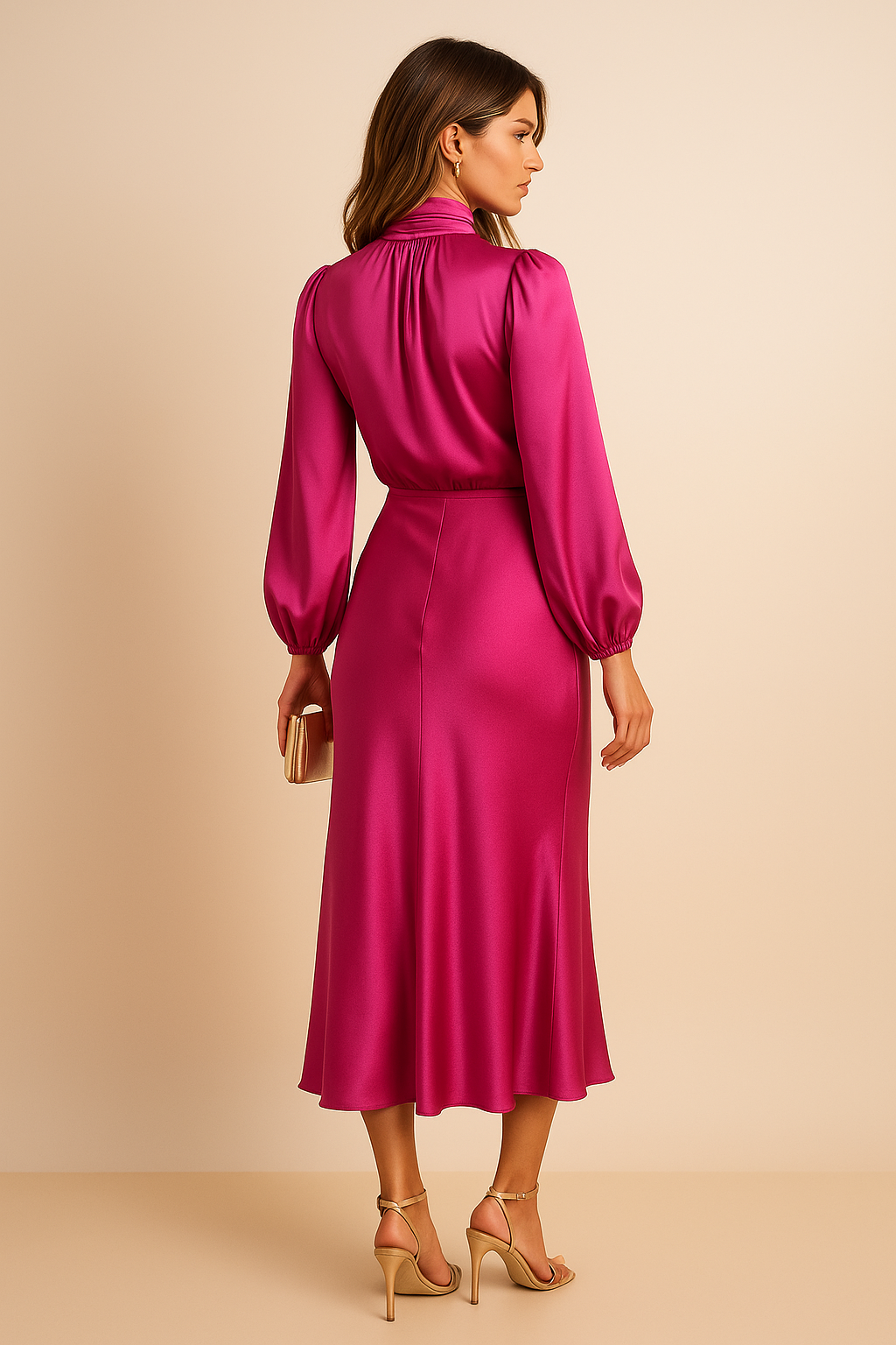 Women’s High Waist Midi Dress with Long Sleeves and Elevated Neckline