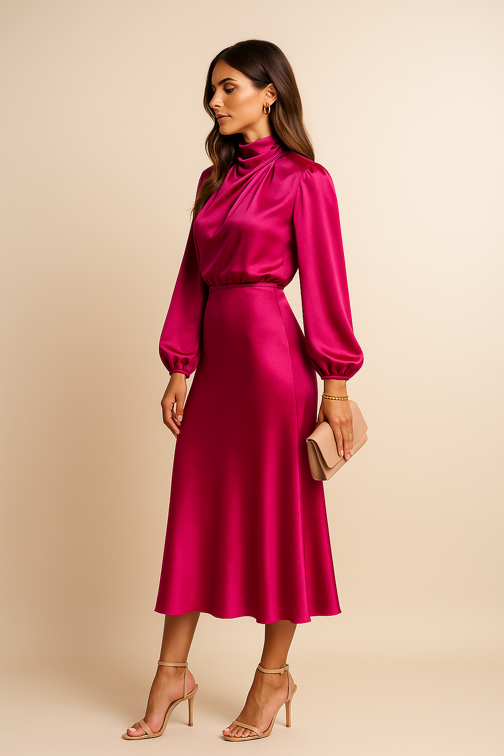 Women’s High Waist Midi Dress with Long Sleeves and Elevated Neckline