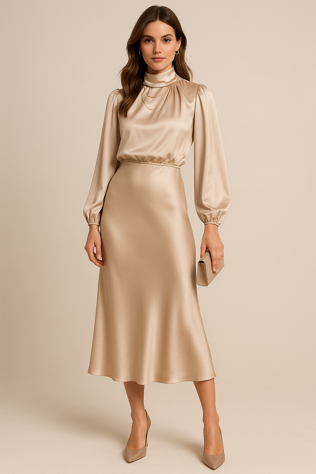 Women’s High Waist Midi Dress with Long Sleeves and Elevated Neckline