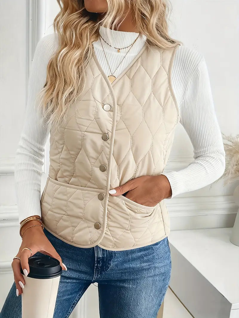 Women’s Quilted Sleeveless Vest with Button Front and Diamond Stitching