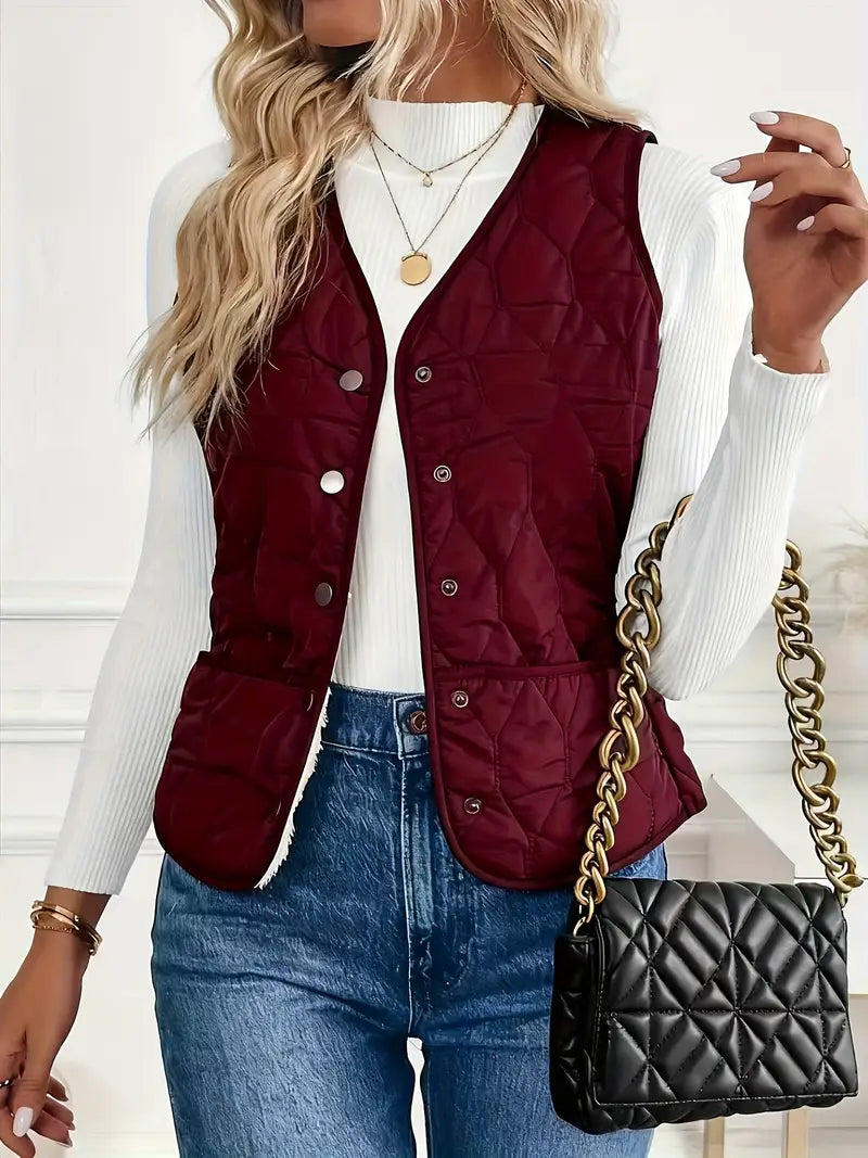 Women’s Quilted Sleeveless Vest with Button Front and Diamond Stitching