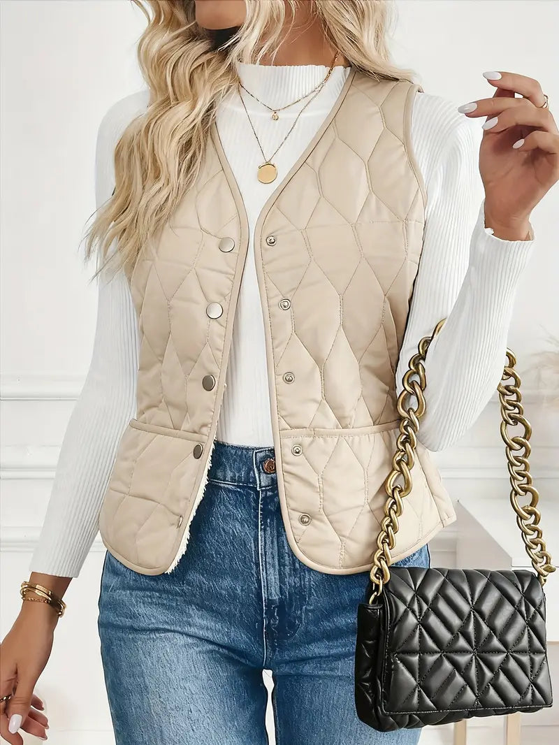 Women’s Quilted Sleeveless Vest with Button Front and Diamond Stitching