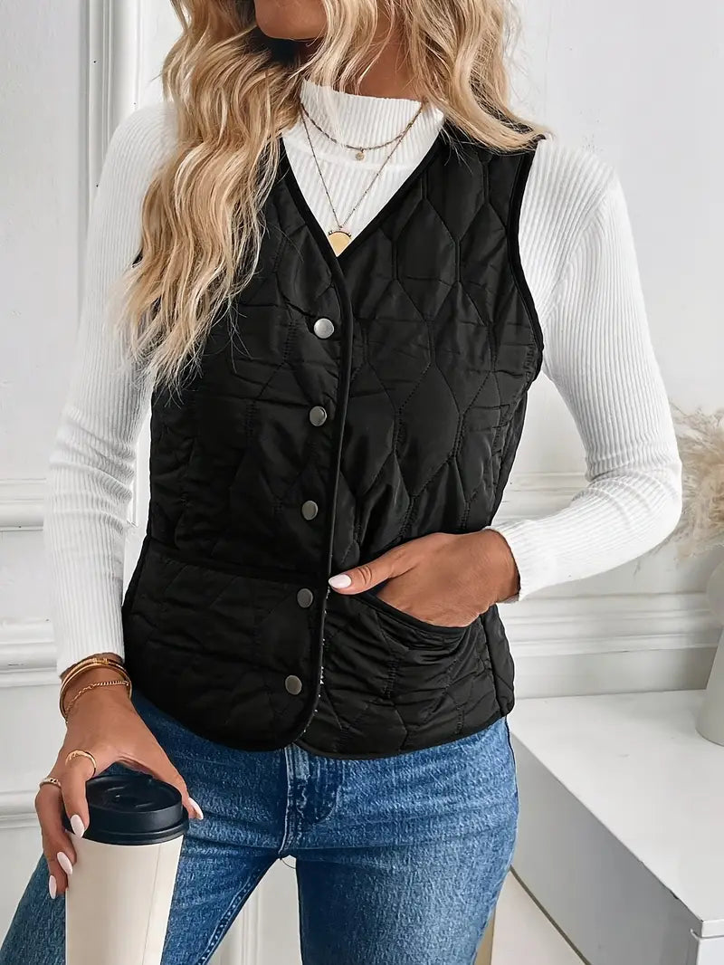 Women’s Quilted Sleeveless Vest with Button Front and Diamond Stitching
