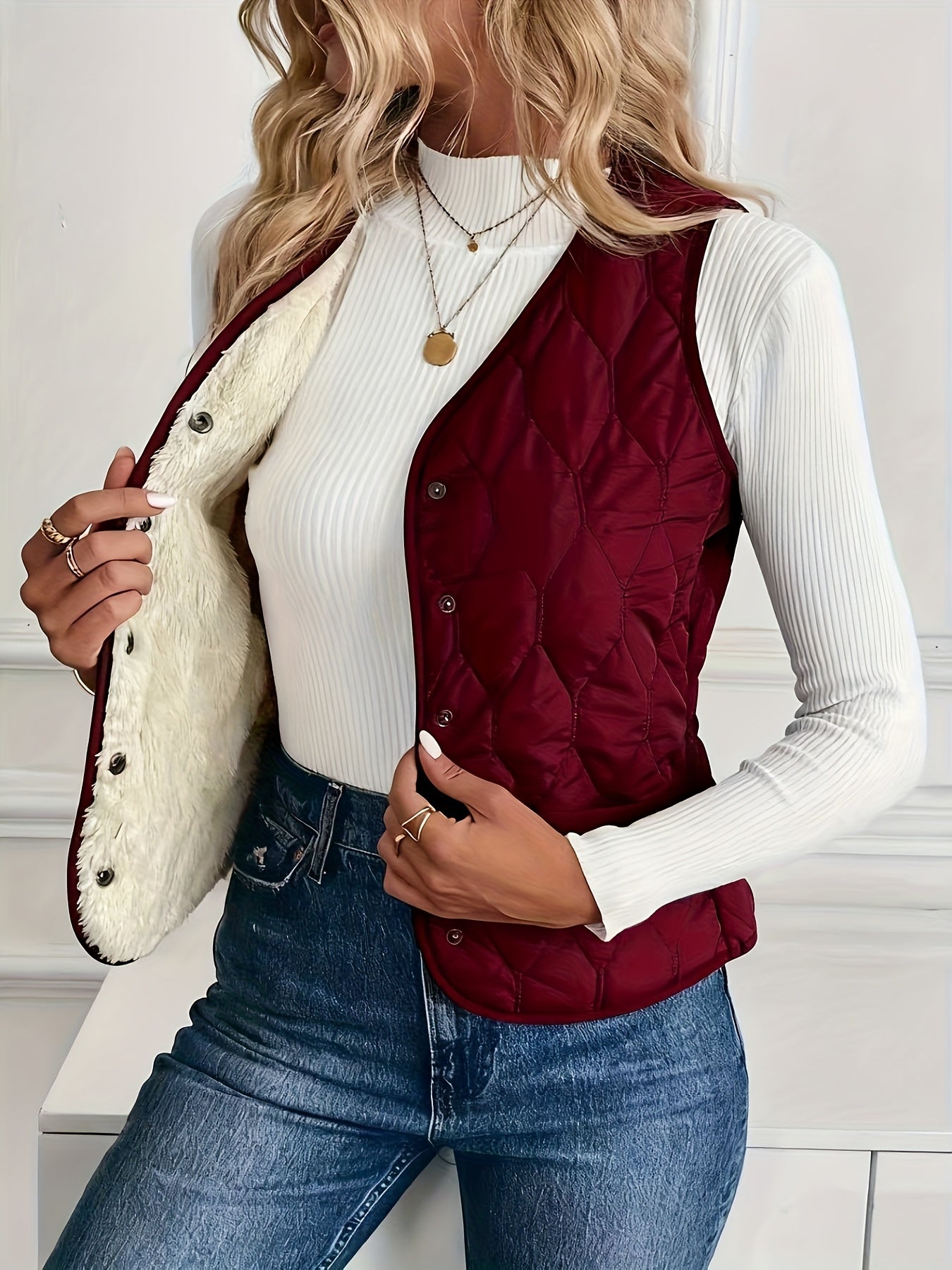 Women’s Quilted Sleeveless Vest with Button Front and Diamond Stitching