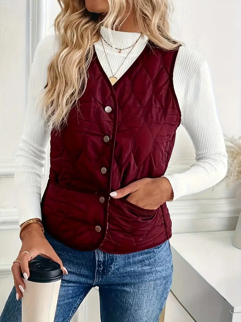 Women’s Quilted Sleeveless Vest with Button Front and Diamond Stitching