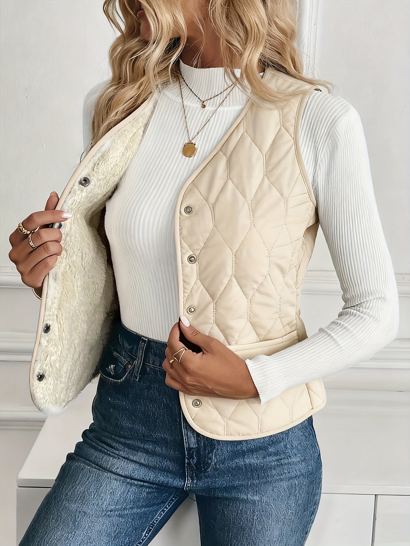 Women’s Quilted Sleeveless Vest with Button Front and Diamond Stitching