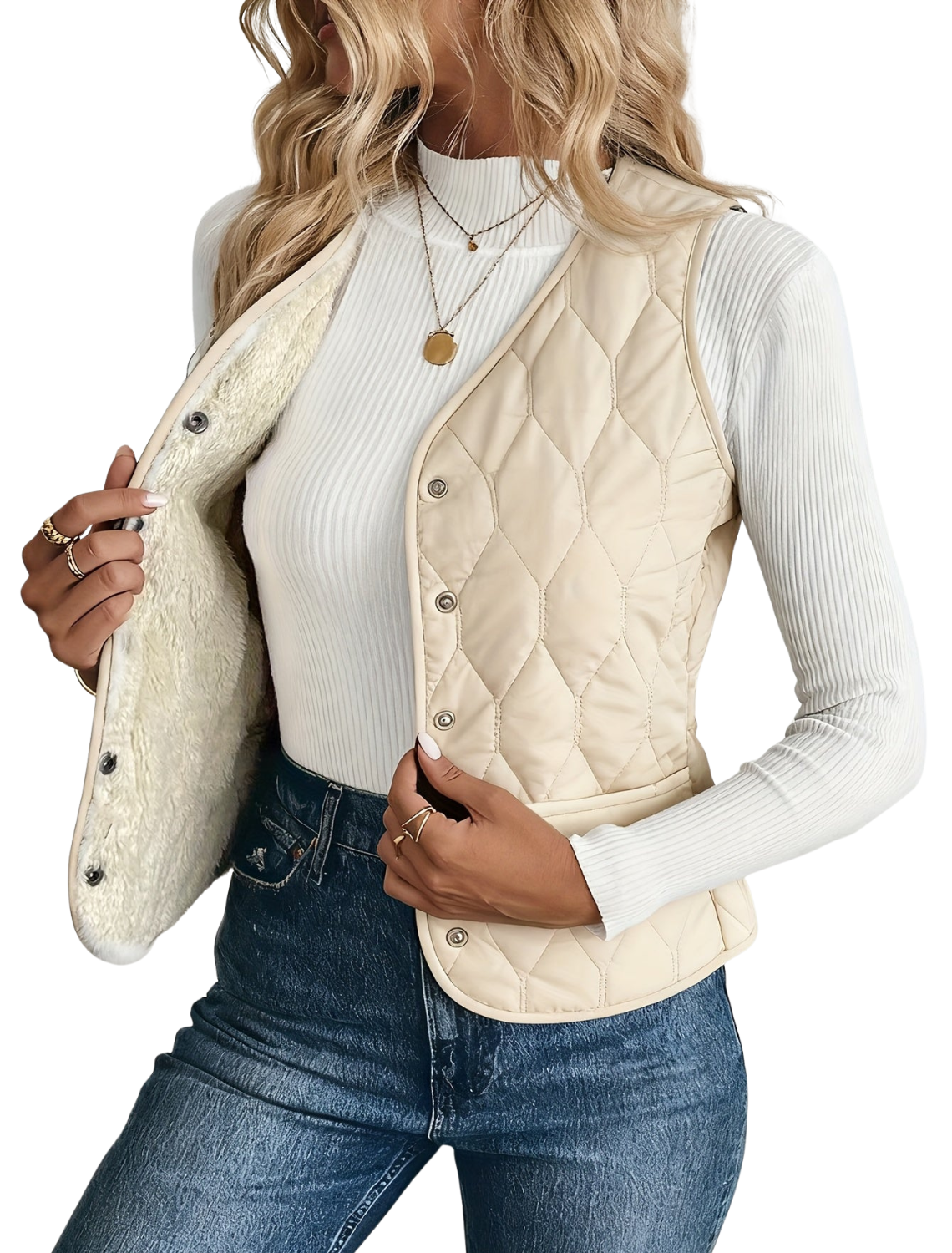 Women’s Quilted Sleeveless Vest with Button Front and Diamond Stitching