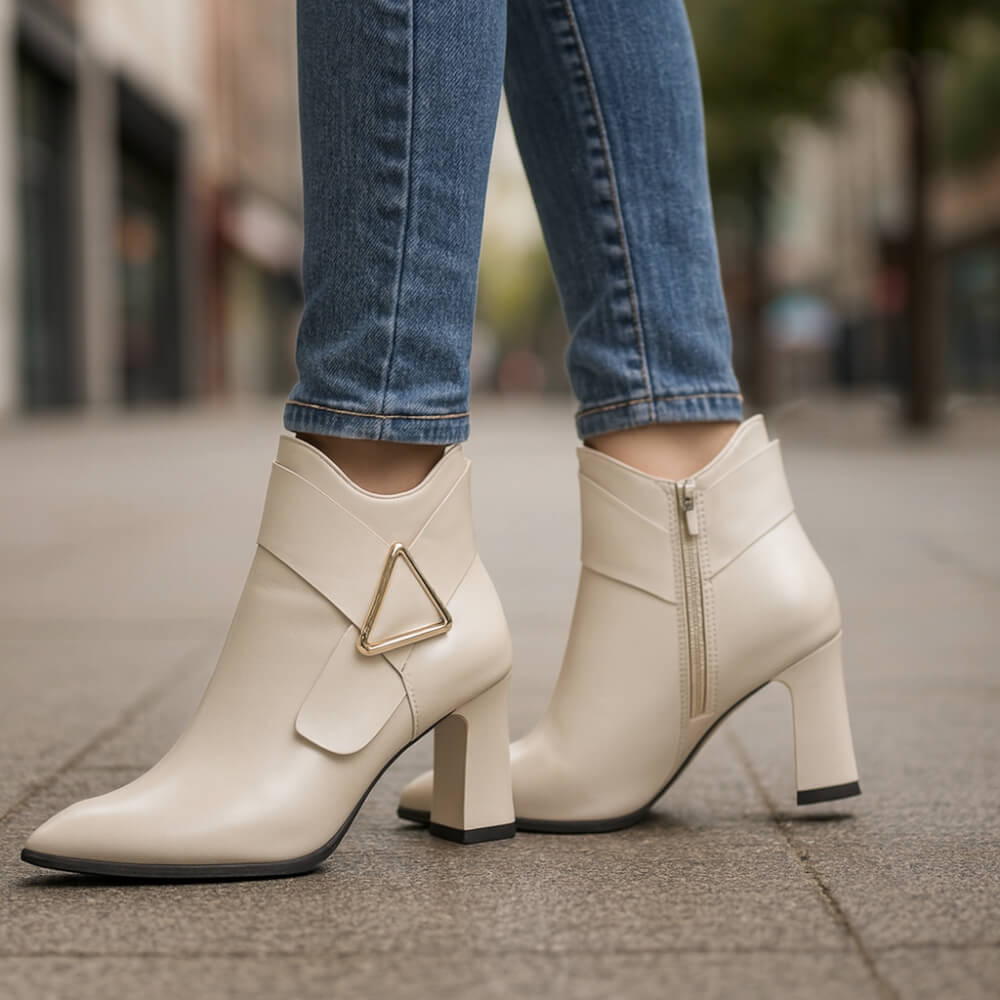 Women's Ankle Boots - Pointed Toe - Block Heel - Side Zip