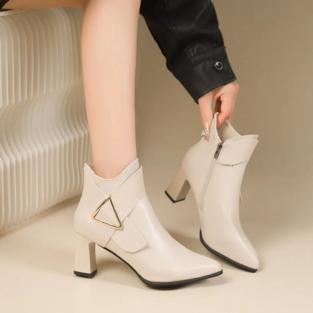 Women's Ankle Boots - Pointed Toe - Block Heel - Side Zip