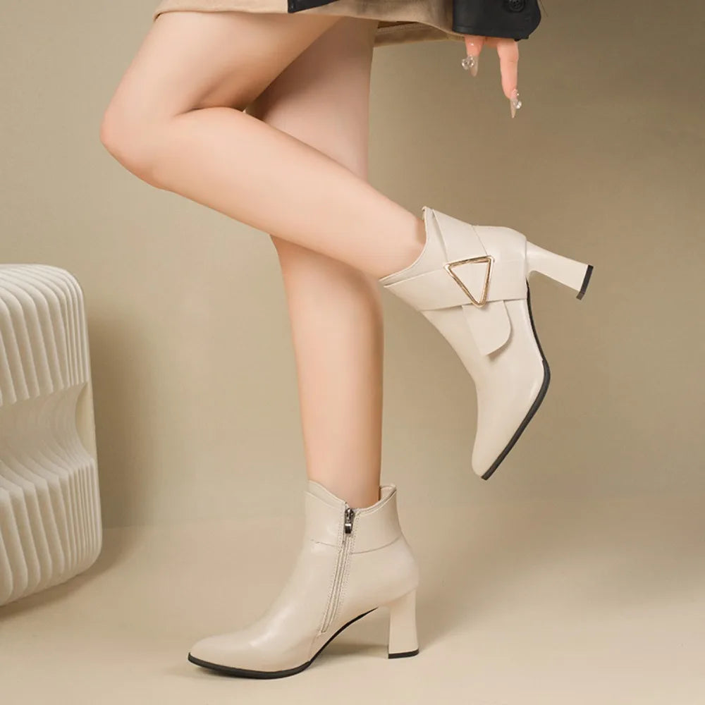 Women's Ankle Boots - Pointed Toe - Block Heel - Side Zip