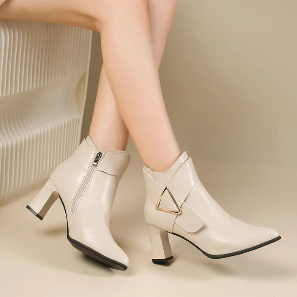 Women's Ankle Boots - Pointed Toe - Block Heel - Side Zip