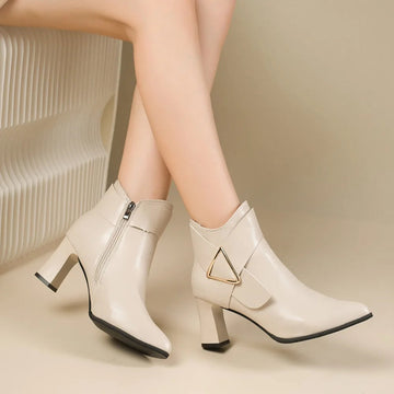 Women's Ankle Boots - Pointed Toe - Block Heel - Side Zip