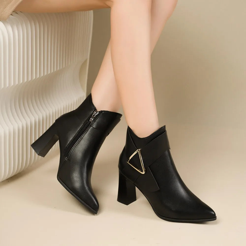 Women's Ankle Boots - Pointed Toe - Block Heel - Side Zip
