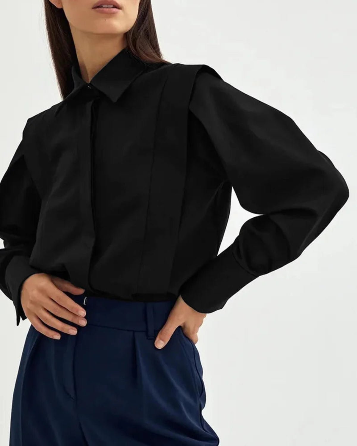 Women’s Structured Button Down Shirt with Defined Shoulders and Sharp Collar