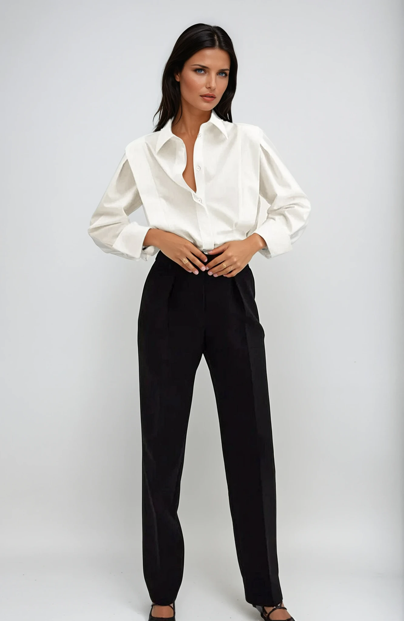 Women’s Structured Button Down Shirt with Defined Shoulders and Sharp Collar