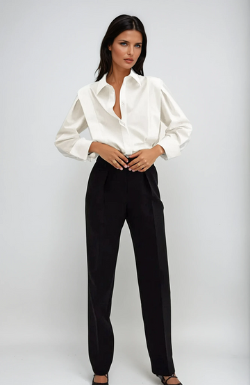 Women’s Structured Button Down Shirt with Defined Shoulders and Sharp Collar