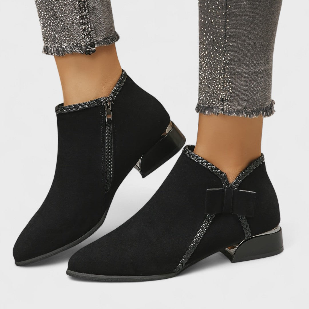 Women's Ankle Boots - Pointed Toe Side Zip Low Block Heel Bow Detail