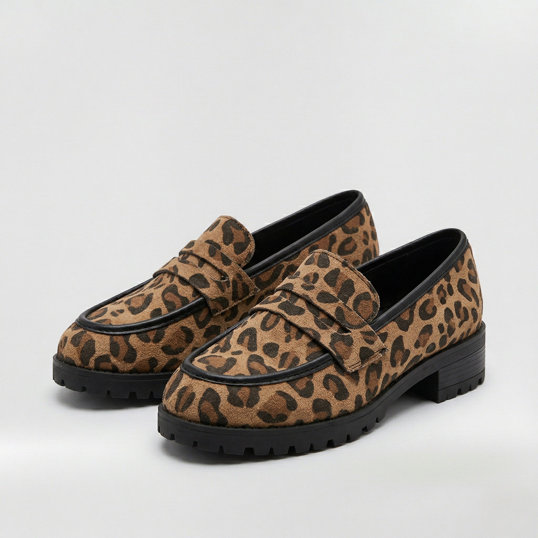 Women's Penny Loafers Leopard Print Lug Sole Low Block Heel