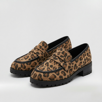Women's Penny Loafers Leopard Print Lug Sole Low Block Heel
