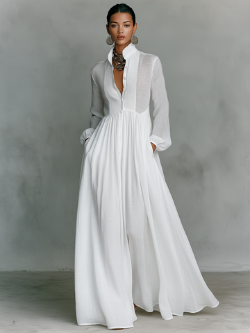 Celestia | Cotton Linen Maxi Dress Stand-Up Collar