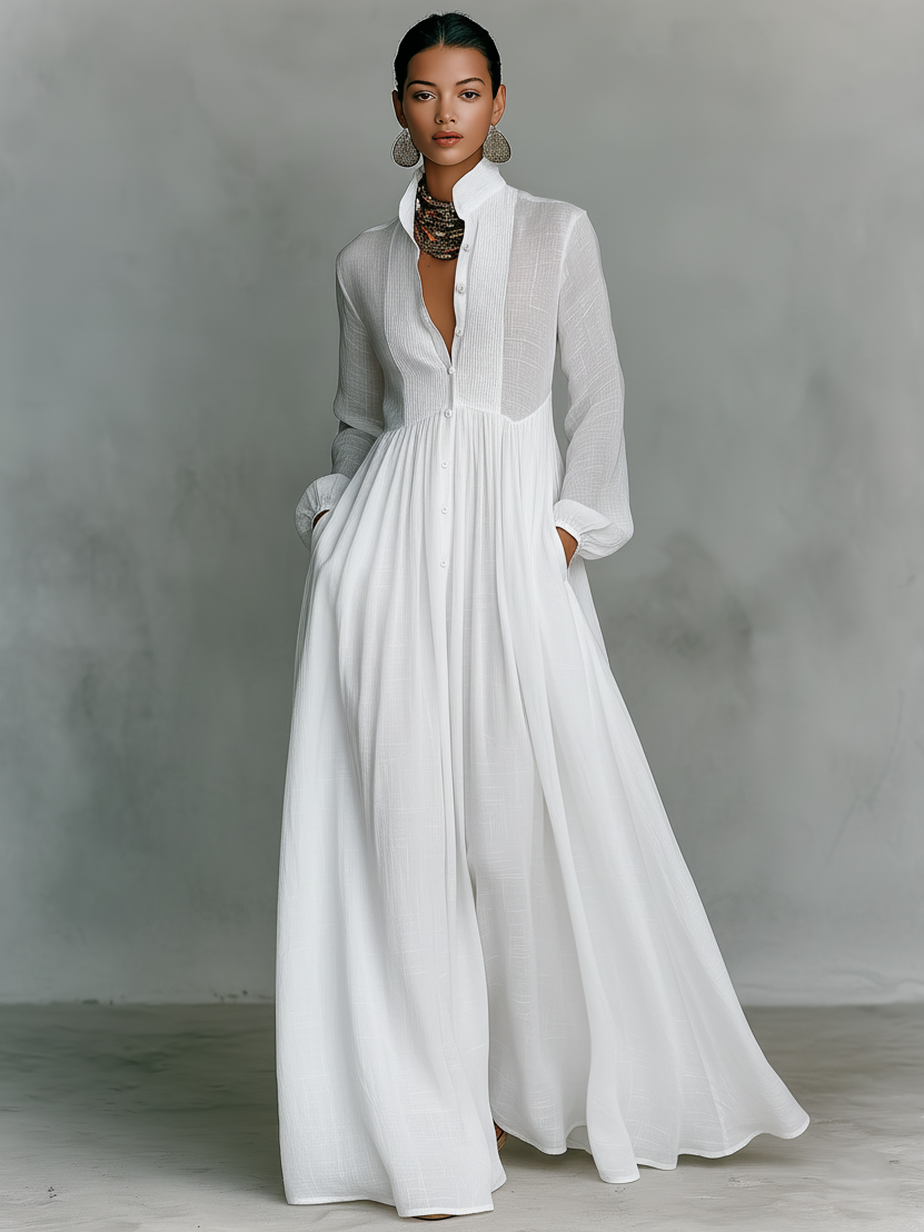Celestia | Cotton Linen Maxi Dress Stand-Up Collar
