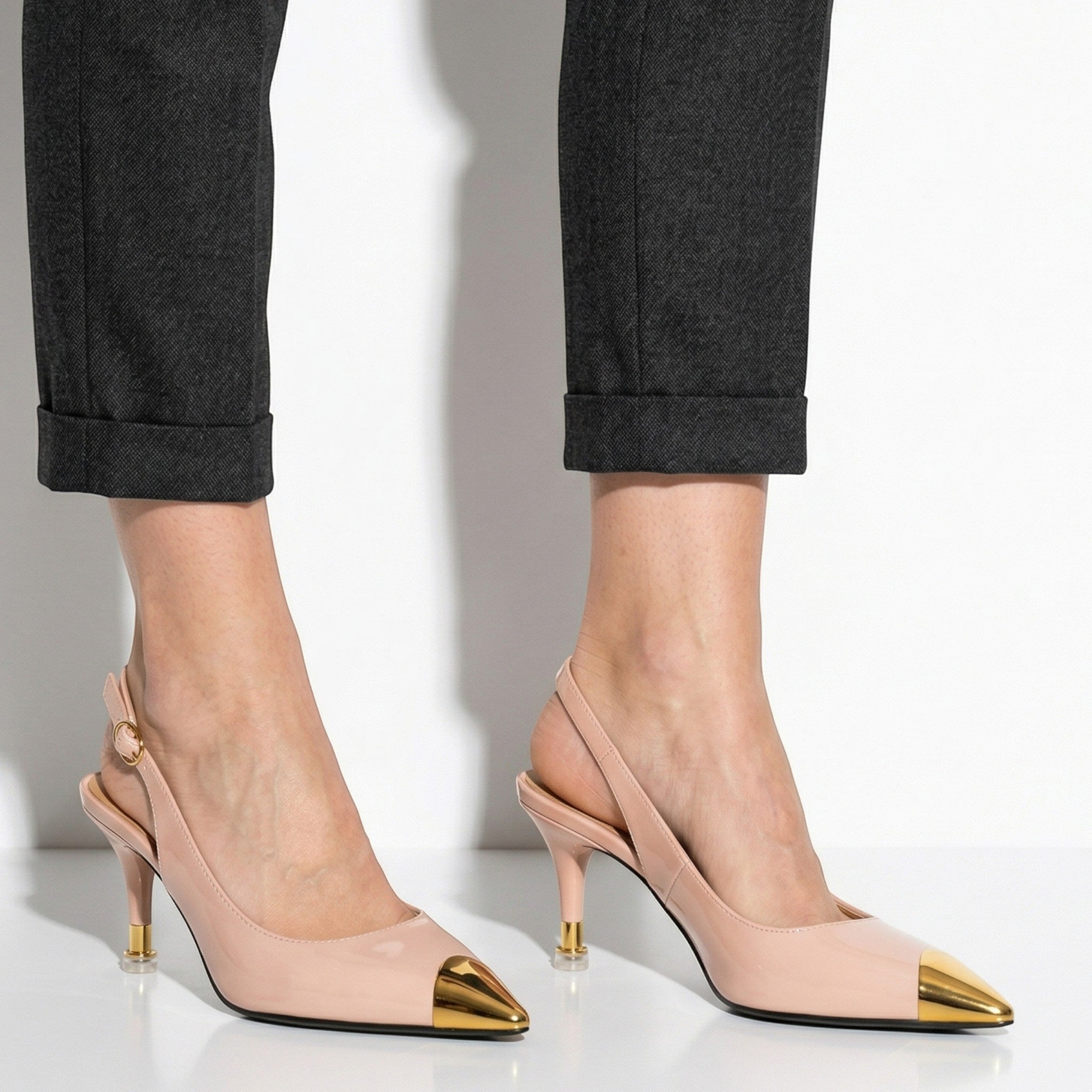 Women's Slingback Kitten Heels Pointed Toe Gold Metal Cap Buckle