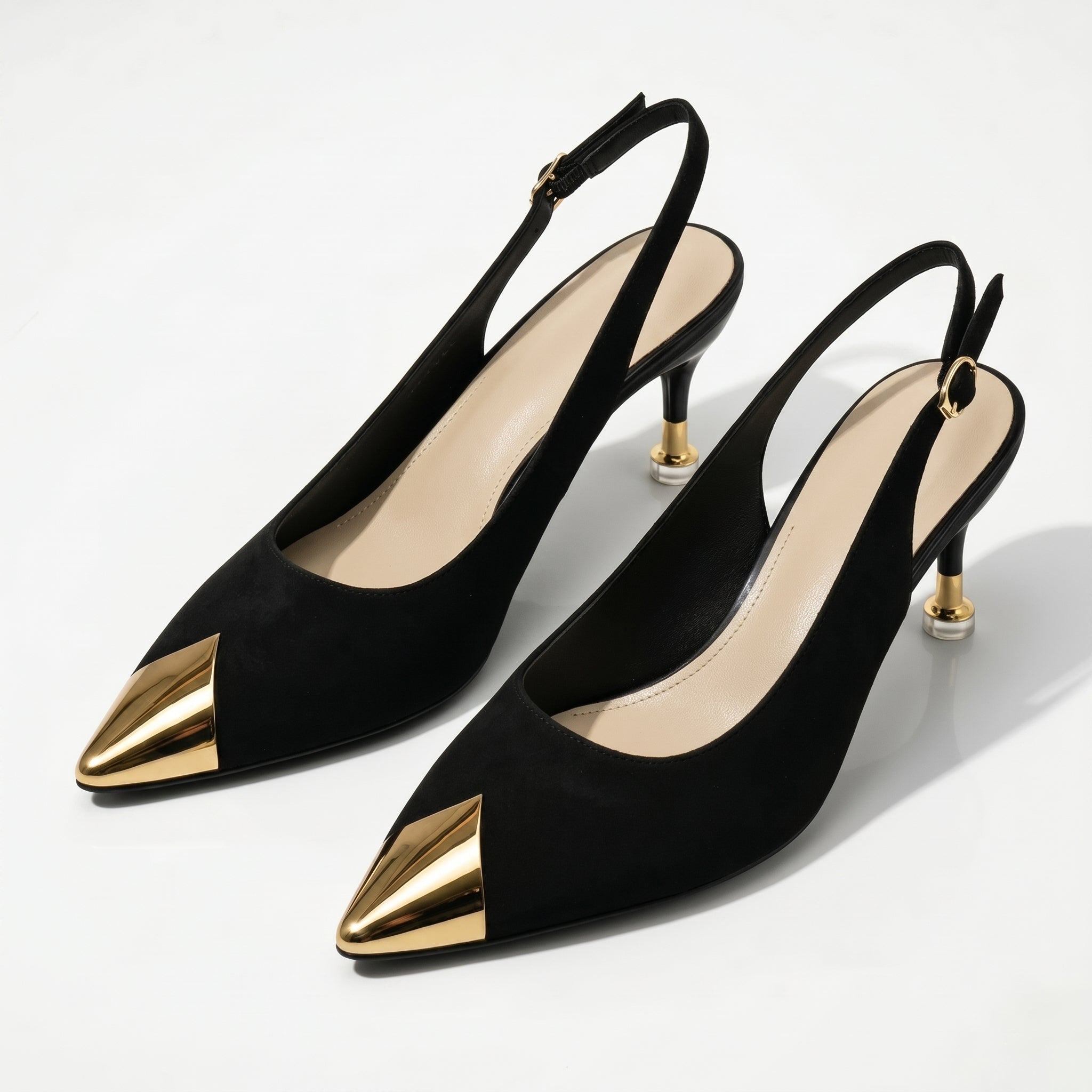 Women's Slingback Kitten Heels Pointed Toe Gold Metal Cap Buckle