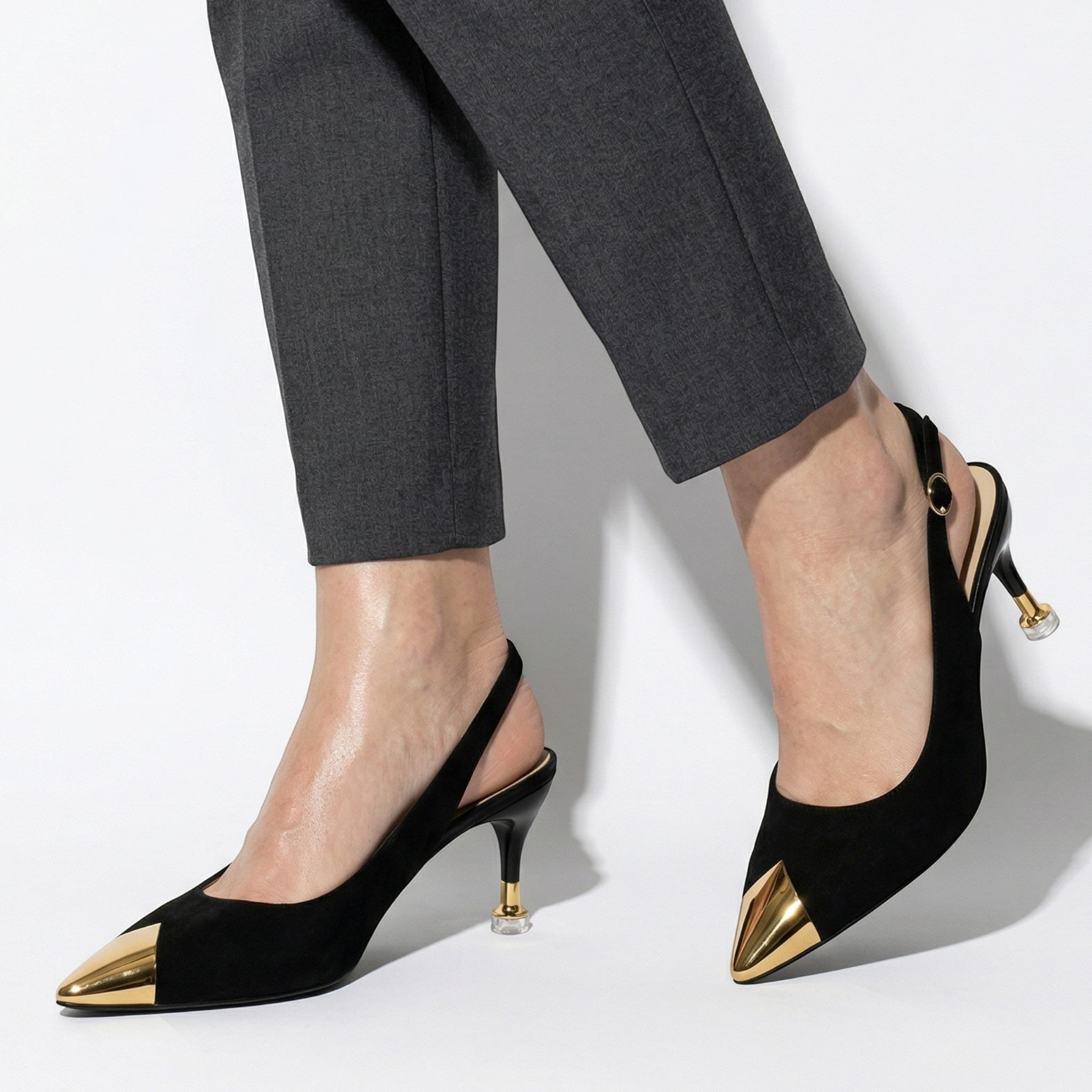 Women's Slingback Kitten Heels Pointed Toe Gold Metal Cap Buckle