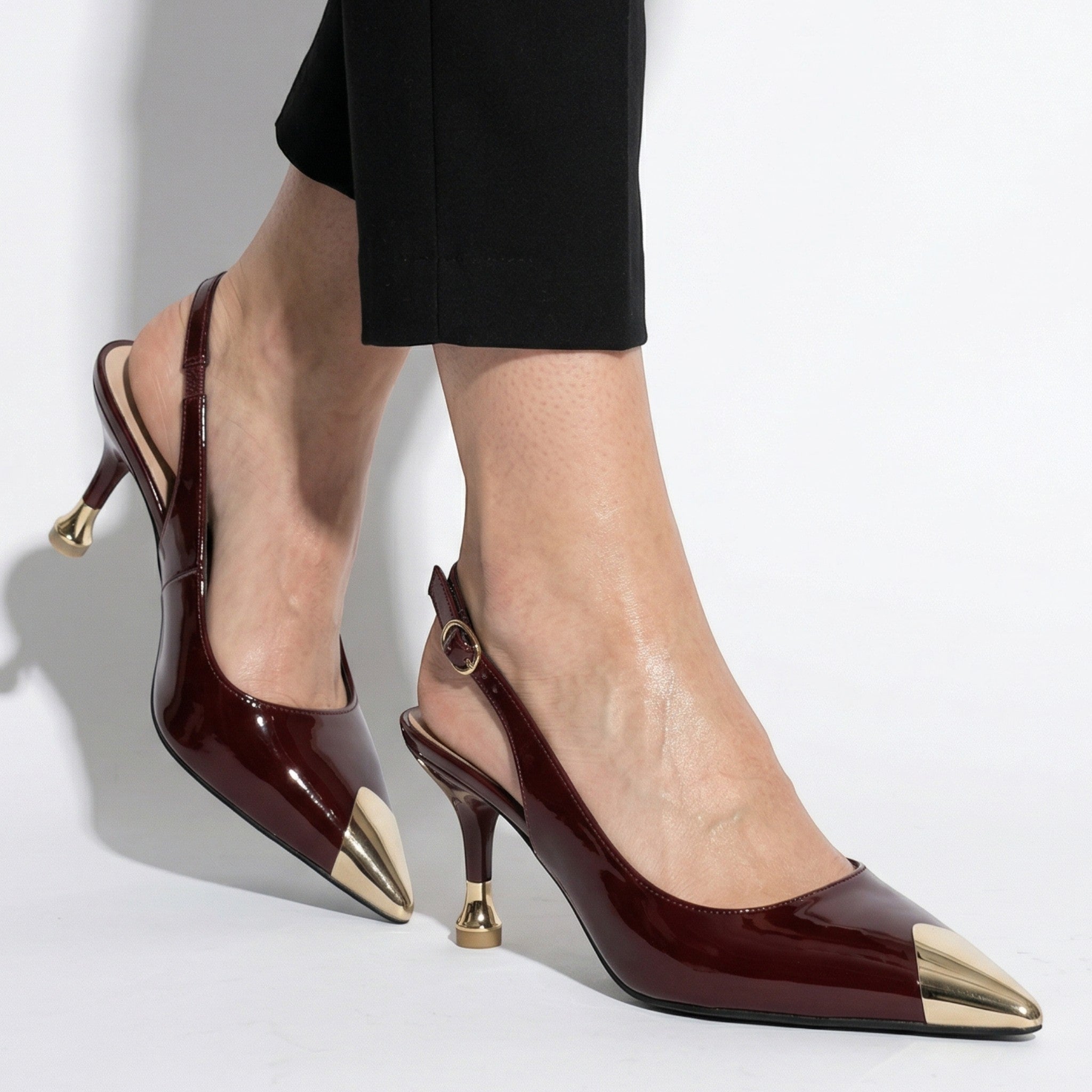 Women's Slingback Kitten Heels Pointed Toe Gold Metal Cap Buckle
