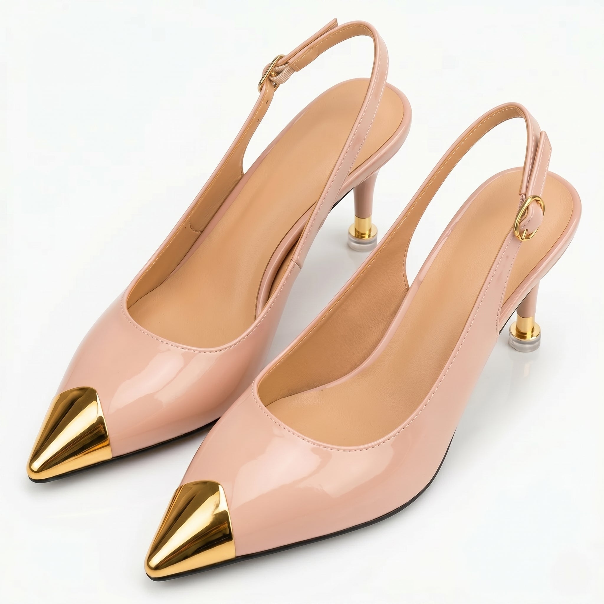 Women's Slingback Kitten Heels Pointed Toe Gold Metal Cap Buckle