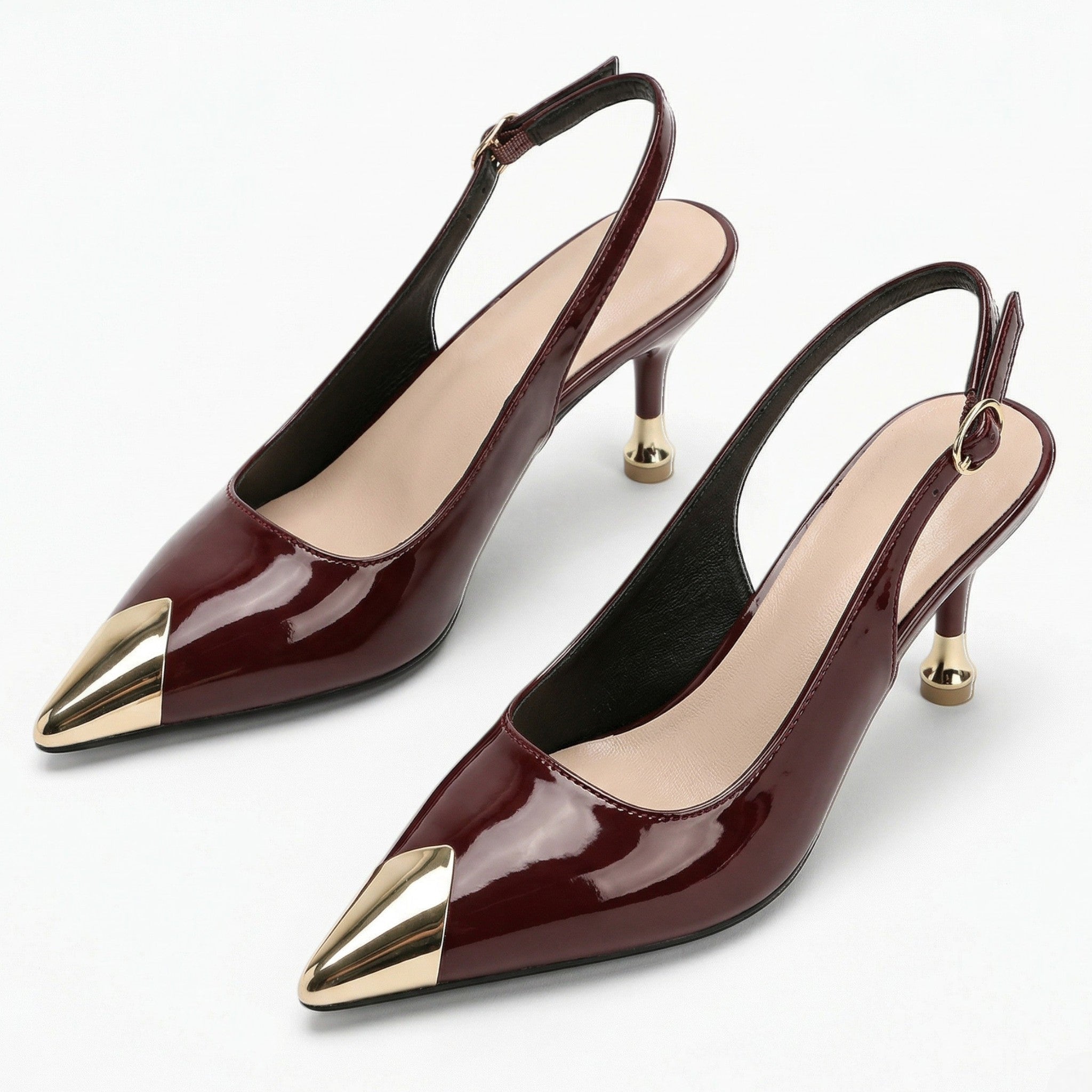 Women's Slingback Kitten Heels Pointed Toe Gold Metal Cap Buckle