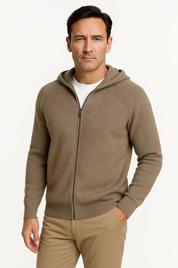 Men's Thick Knit Hooded Cardigan - Merino Wool Construction with Front Pockets