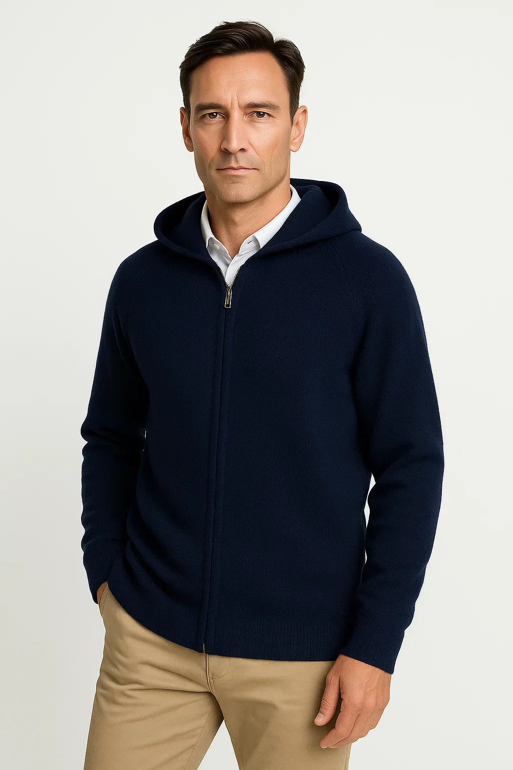 Men's Thick Knit Hooded Cardigan - Merino Wool Construction with Front Pockets